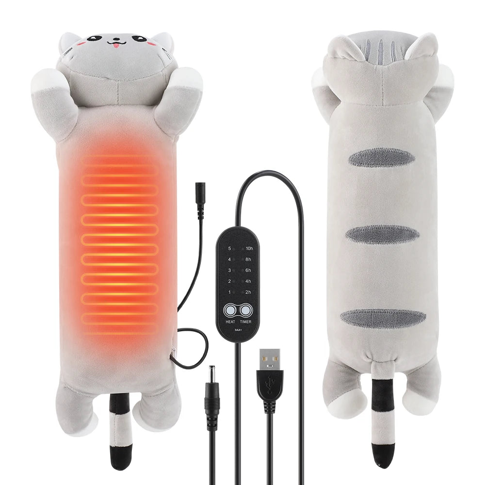 USB Heated Cat Plush Pillow for Period Cramps and Pain Relief