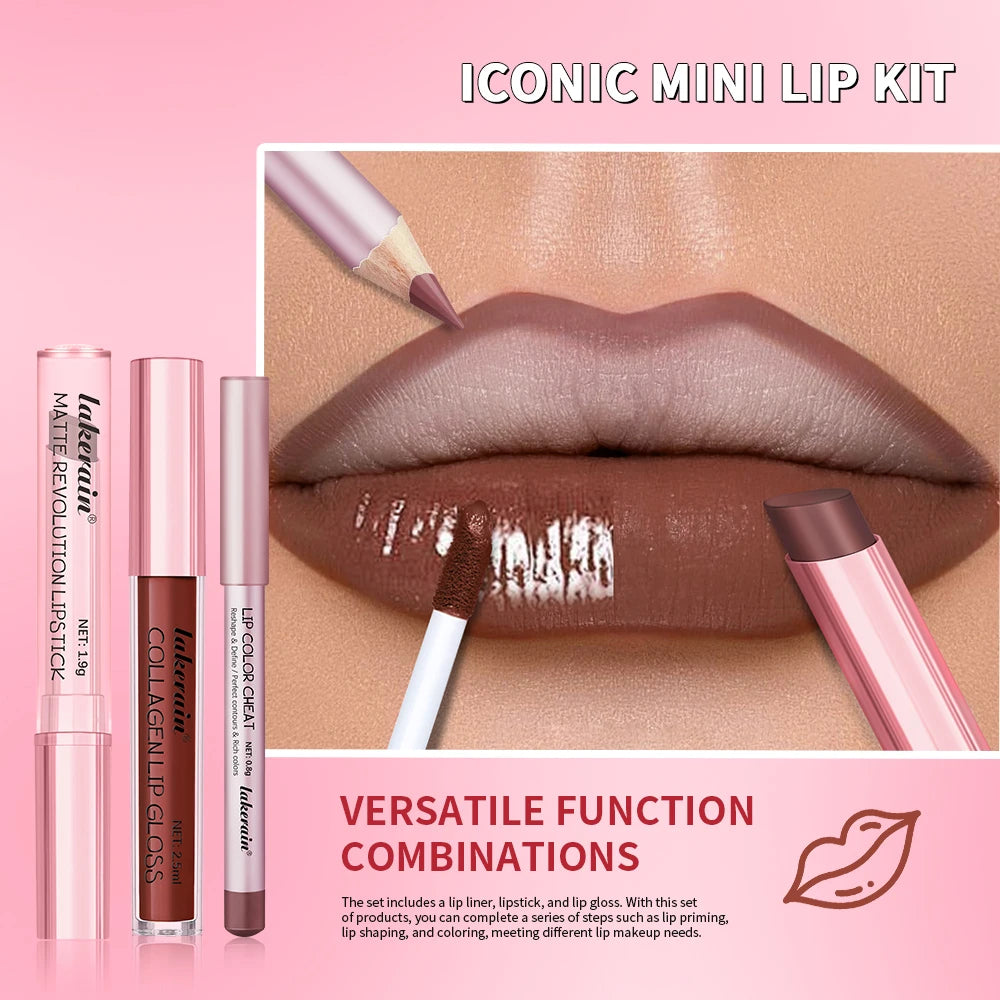 3-in-1 Waterproof Lip Liner, Lipstick, and Gloss Makeup Kit